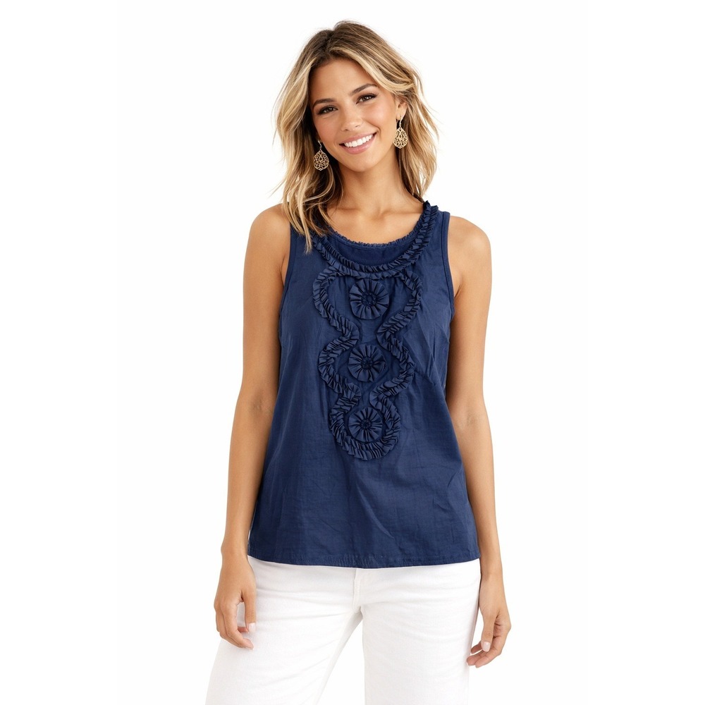 NWOT‎ J.Crew Navy Blue Ruffle Rosette Sleeveless Cotton Blouse Side Zip Size 8 M